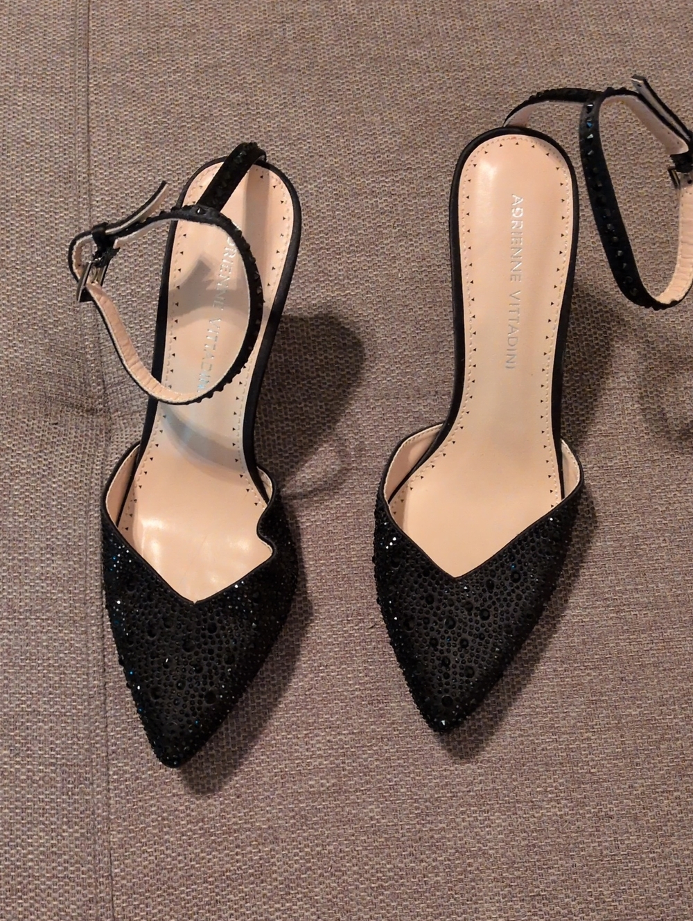 Adrienne Vittadini Black Pointed Toe Ankle-Strap Heels with Sparkle
